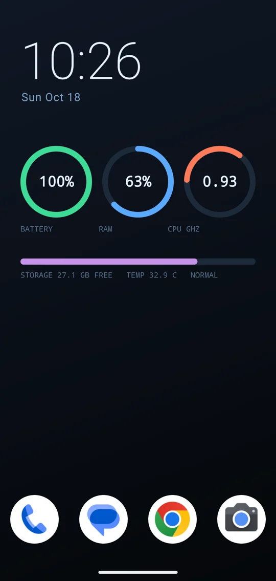 A phone home screen with the Basic stats theme: a large clock reading 10:26, the date, rings for battery at 100 percent, memory at 63 percent, and processor speed, a storage bar, and four app icons in the dock.