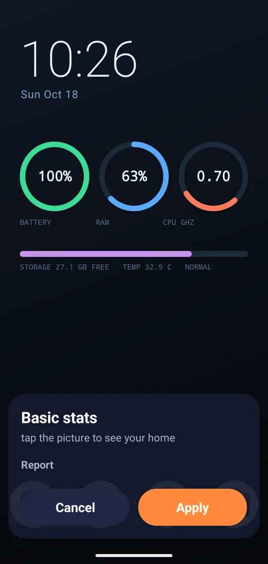 The theme preview in FauxWall: the Basic stats theme drawn full screen with a card at the bottom showing its name and the Cancel and Apply buttons.