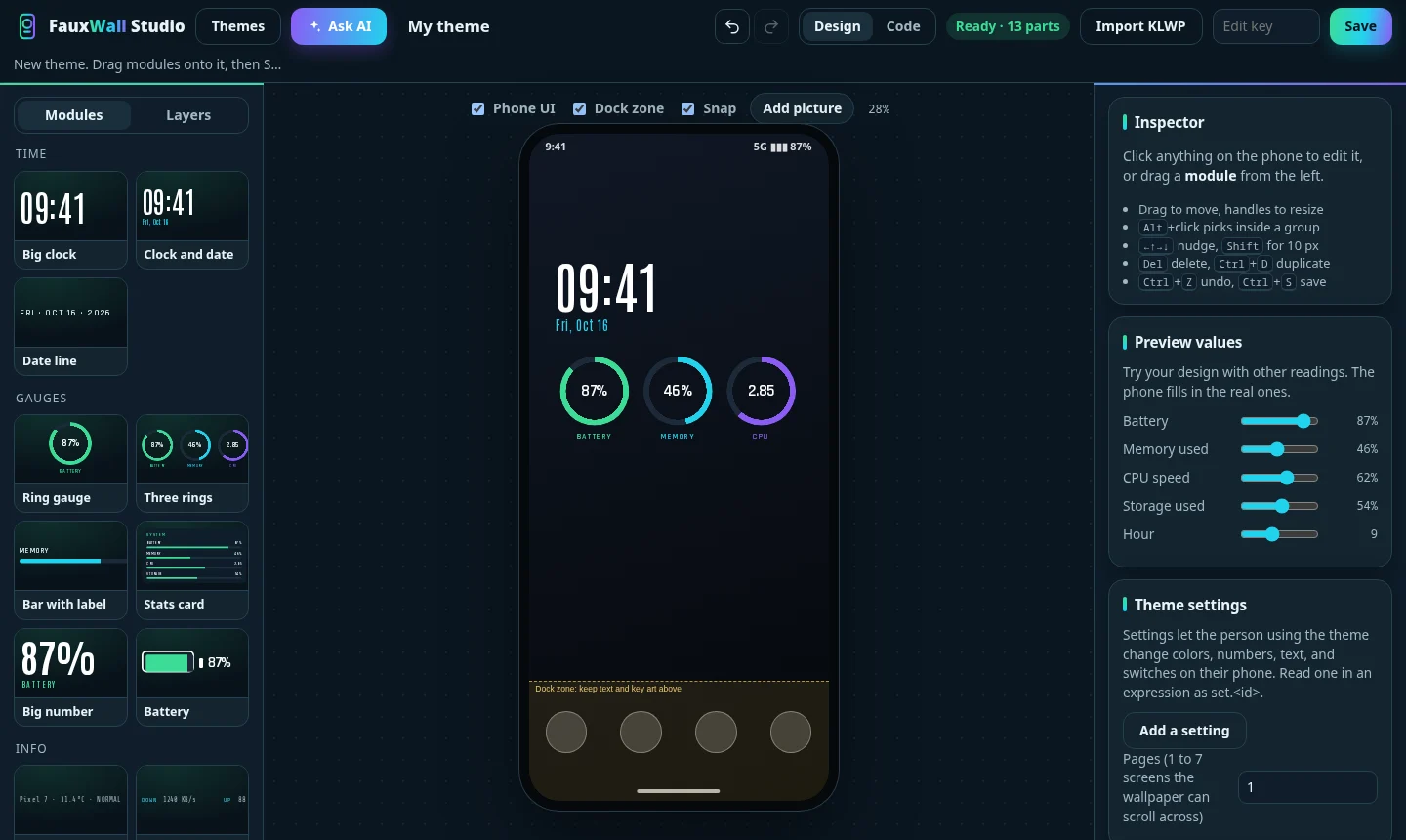 FauxWall Studio in a desktop browser: ready-made modules such as Big clock, Ring gauge, and Stats card on the left, a phone canvas with a clock and three rings in the middle, and settings on the right.